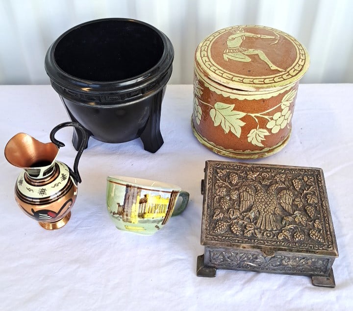Greek Souvenir Decor Lot: Lidded Ceramic Jar, Metal Eagle Box, Planter, Pitcher & Cup: 11 x 11 x 7in. 3lb Low Estimate: 12.00 High Estimate: 50.00