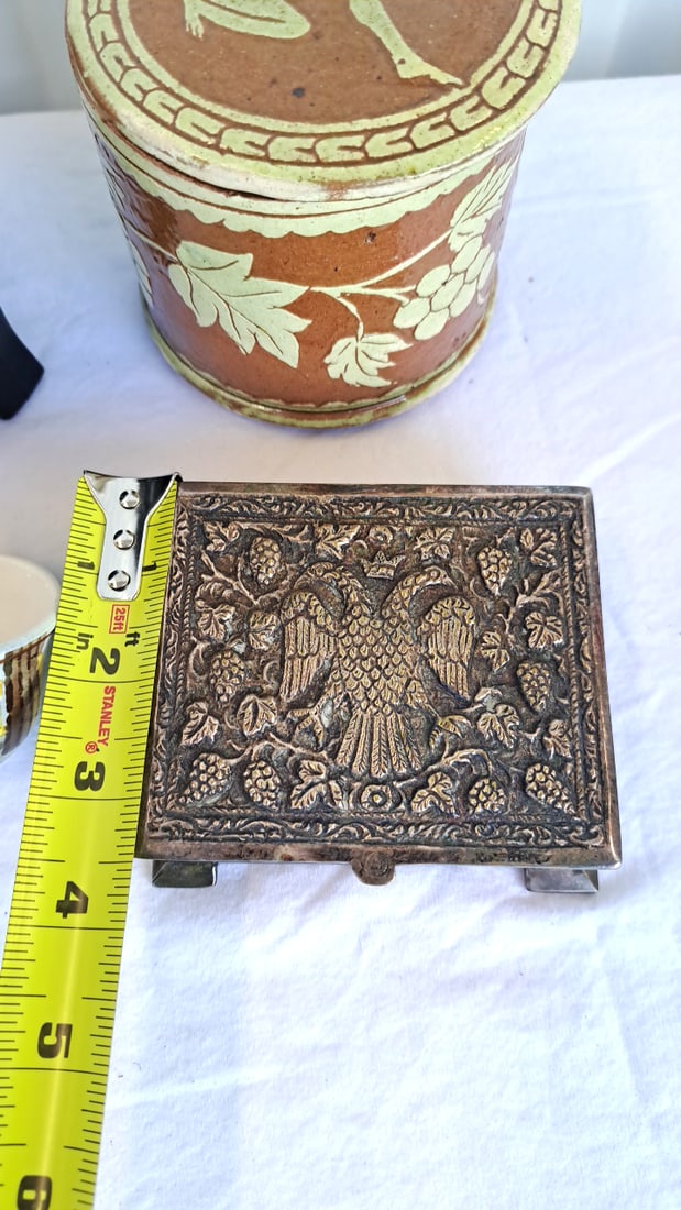 Greek Souvenir Decor Lot: Lidded Ceramic Jar, Metal Eagle Box, Planter, Pitcher & Cup - 2