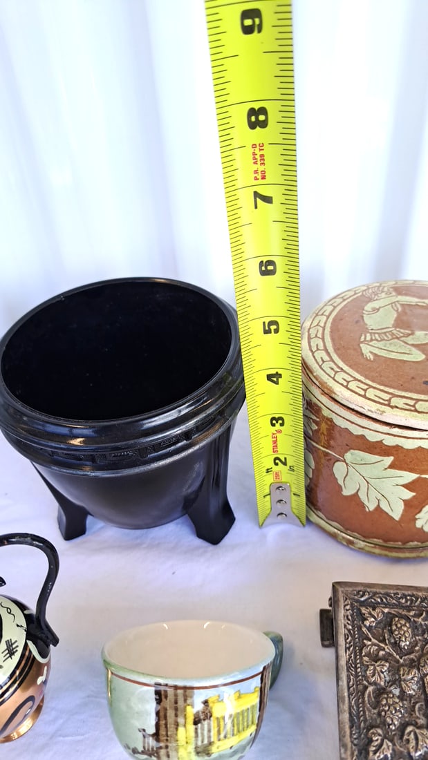 Greek Souvenir Decor Lot: Lidded Ceramic Jar, Metal Eagle Box, Planter, Pitcher & Cup - 3