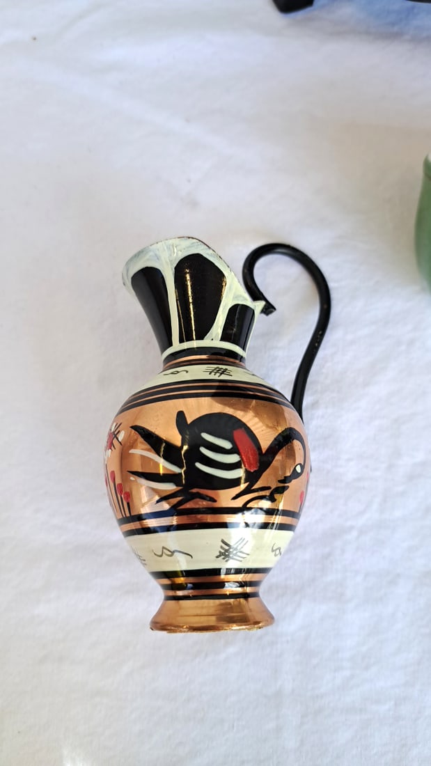 Greek Souvenir Decor Lot: Lidded Ceramic Jar, Metal Eagle Box, Planter, Pitcher & Cup - 4