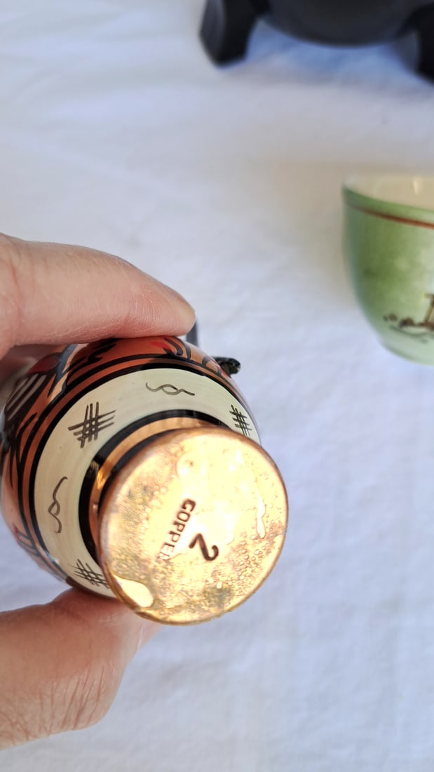 Greek Souvenir Decor Lot: Lidded Ceramic Jar, Metal Eagle Box, Planter, Pitcher & Cup - 5