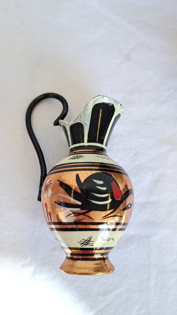 Greek Souvenir Decor Lot: Lidded Ceramic Jar, Metal Eagle Box, Planter, Pitcher & Cup - 6