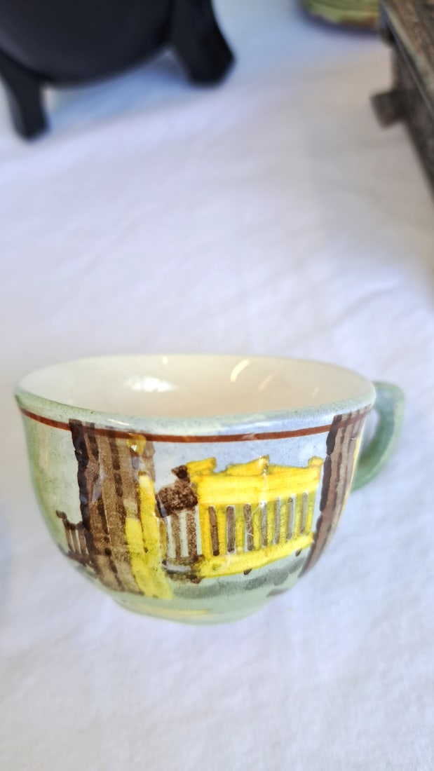 Greek Souvenir Decor Lot: Lidded Ceramic Jar, Metal Eagle Box, Planter, Pitcher & Cup - 7