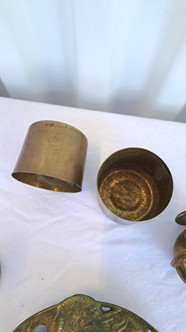 Brass Decorative Lot With Ashtrays, Bell, Candlestick And Lidded Boxes - 11