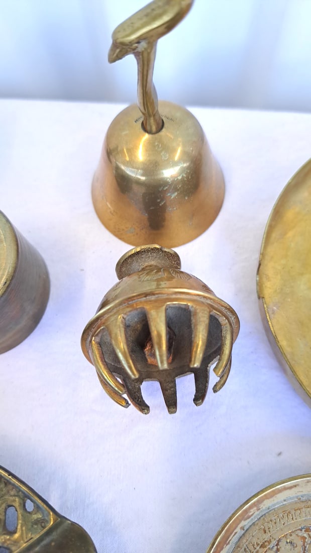 Brass Decorative Lot With Ashtrays, Bell, Candlestick And Lidded Boxes - 8
