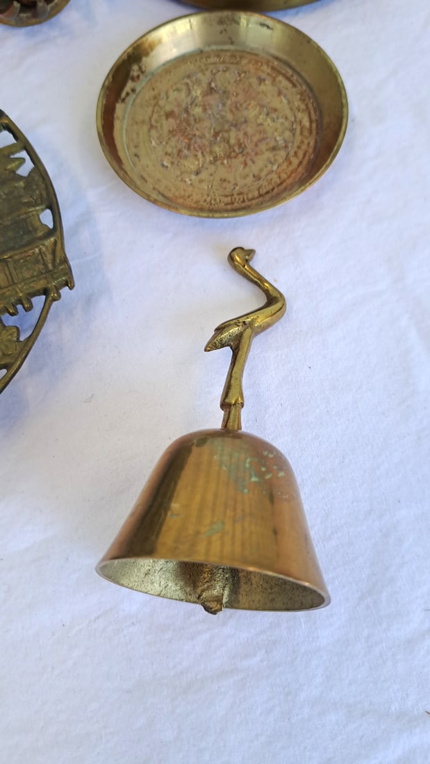 Brass Decorative Lot With Ashtrays, Bell, Candlestick And Lidded Boxes - 9