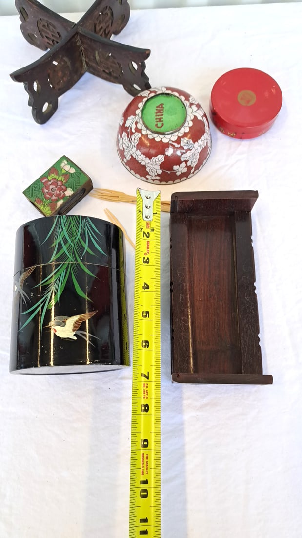Asian Decorative Lot With Chinese Bowl, Black Tin, Enamel Matchbox Holder Wood Stands - 13
