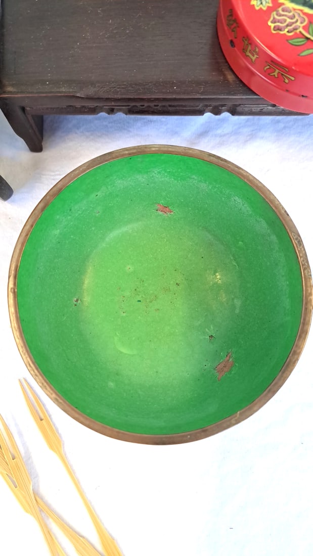 Asian Decorative Lot With Chinese Bowl, Black Tin, Enamel Matchbox Holder Wood Stands - 19