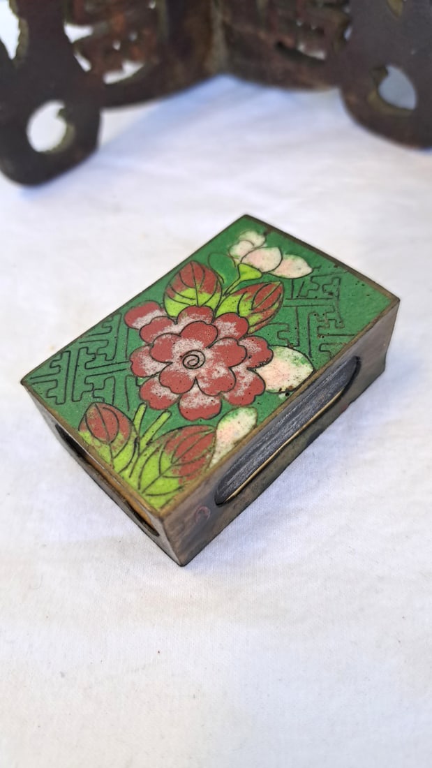 Asian Decorative Lot With Chinese Bowl, Black Tin, Enamel Matchbox Holder Wood Stands - 2