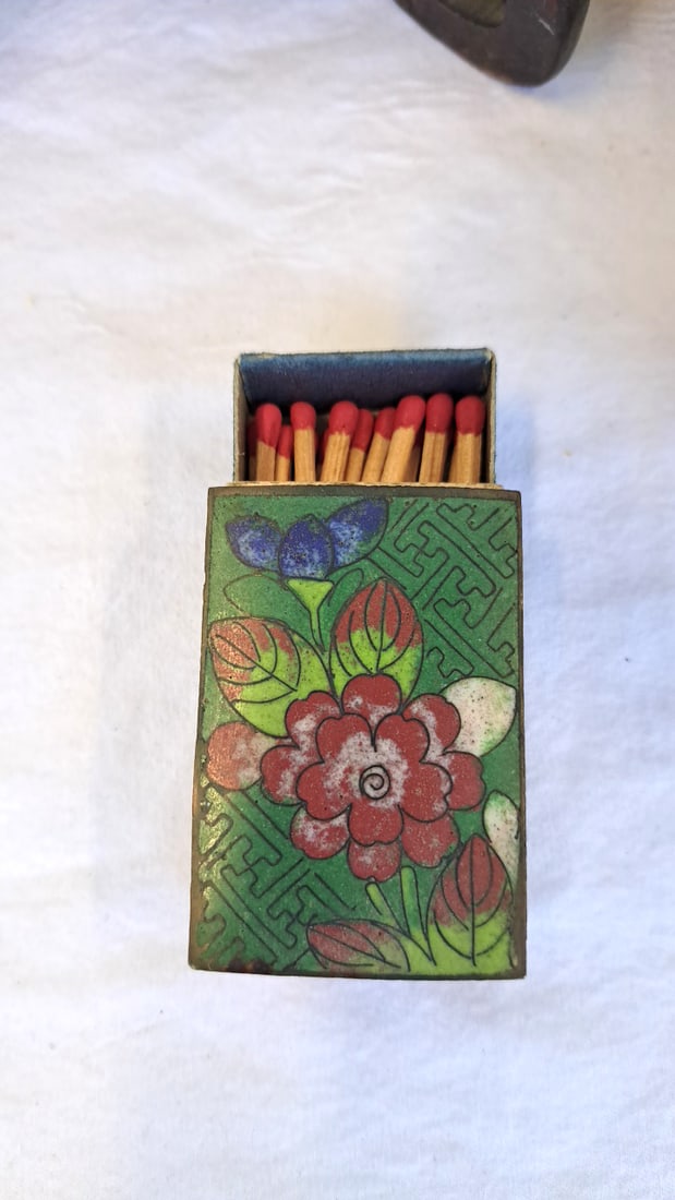 Asian Decorative Lot With Chinese Bowl, Black Tin, Enamel Matchbox Holder Wood Stands - 3