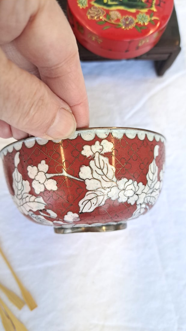 Asian Decorative Lot With Chinese Bowl, Black Tin, Enamel Matchbox Holder Wood Stands - 4