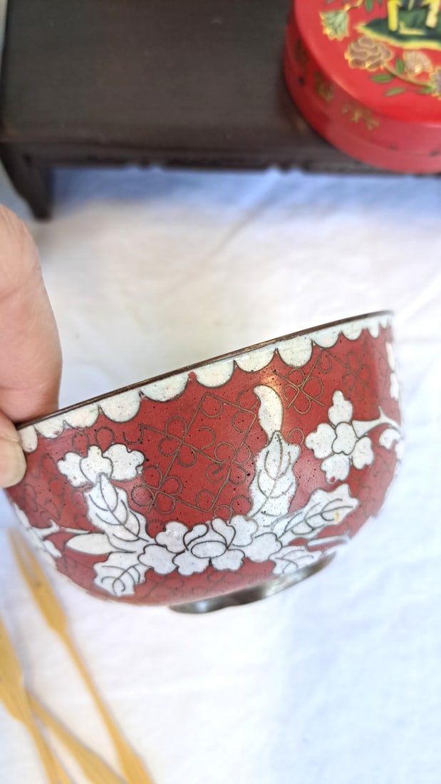 Asian Decorative Lot With Chinese Bowl, Black Tin, Enamel Matchbox Holder Wood Stands - 5
