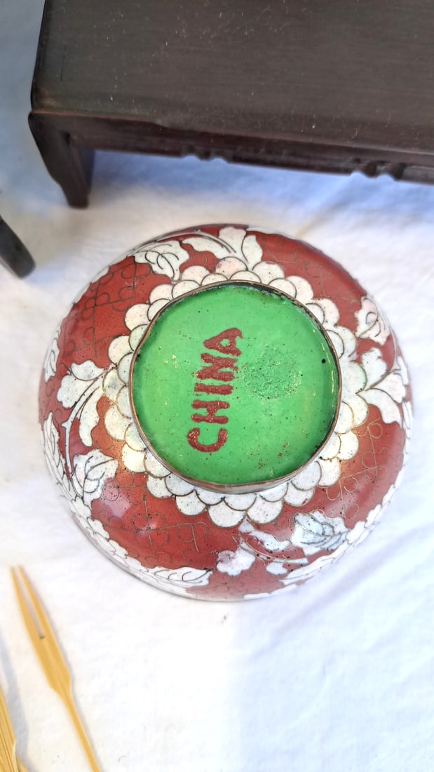 Asian Decorative Lot With Chinese Bowl, Black Tin, Enamel Matchbox Holder Wood Stands - 6