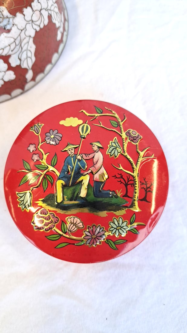 Asian Decorative Lot With Chinese Bowl, Black Tin, Enamel Matchbox Holder Wood Stands - 7