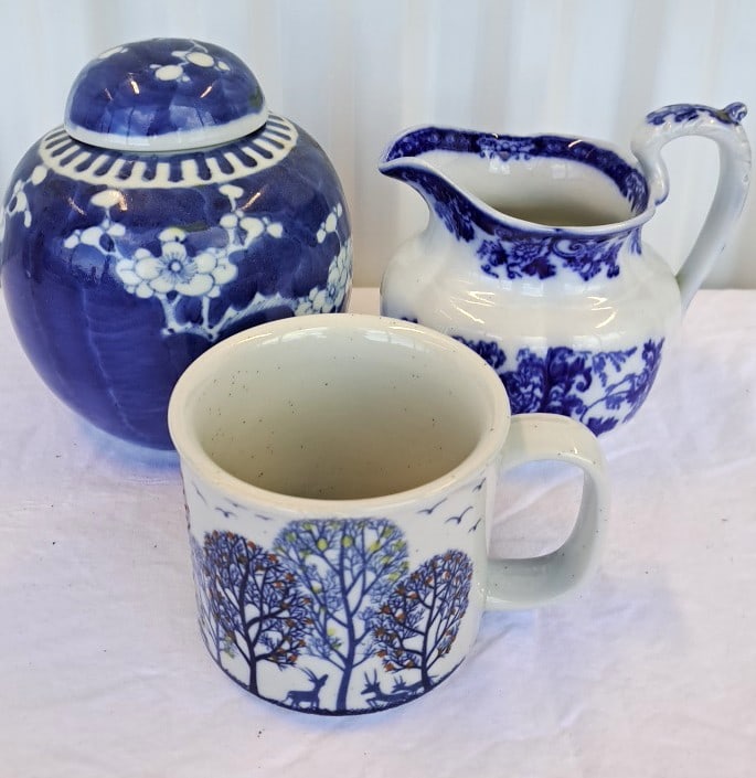 Blue White Porcelain Lot Cauldon England Pitcher, Floral Ginger Jar, Otagiri Deer Mug: 19 x 8 x 6in. 3lb Low Estimate: 25.00 High Estimate: 120.00