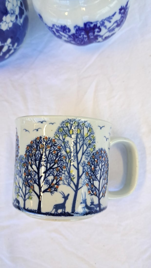 Blue White Porcelain Lot Cauldon England Pitcher, Floral Ginger Jar, Otagiri Deer Mug - 2