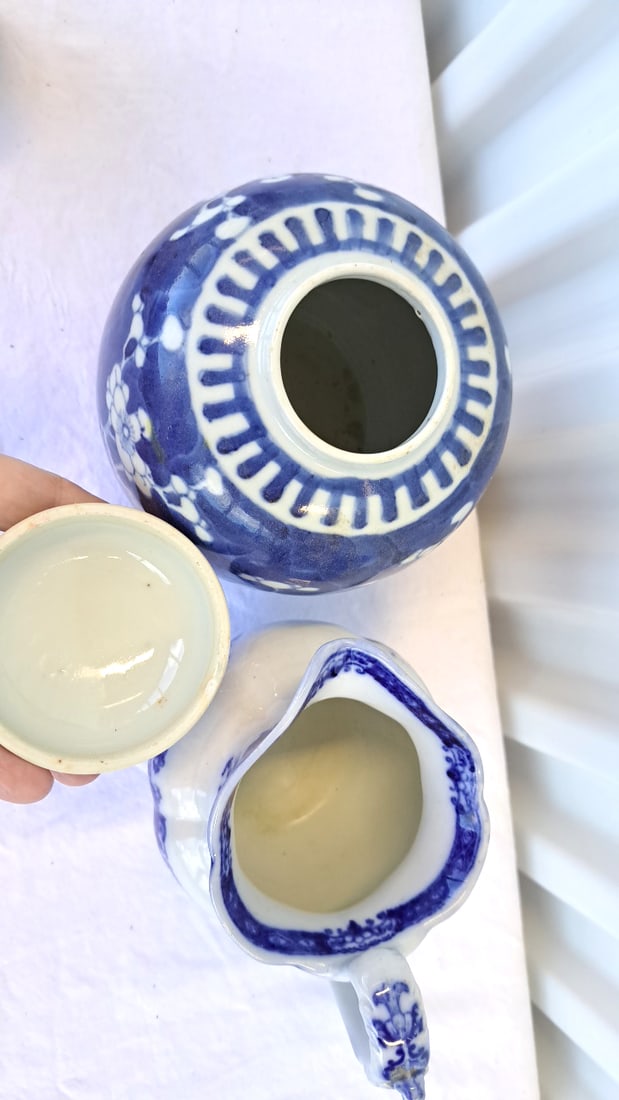 Blue White Porcelain Lot Cauldon England Pitcher, Floral Ginger Jar, Otagiri Deer Mug - 7