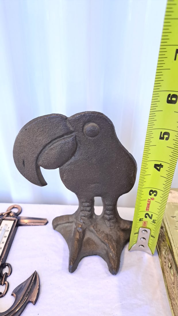 Metal Decor Lot Anchor Thermometer, Brass Ship Box, Fish Hanger Toucan Figure - 2