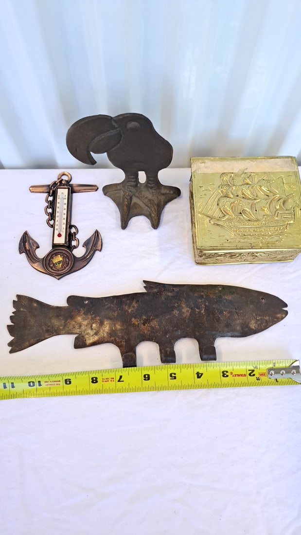 Metal Decor Lot Anchor Thermometer, Brass Ship Box, Fish Hanger Toucan Figure - 3
