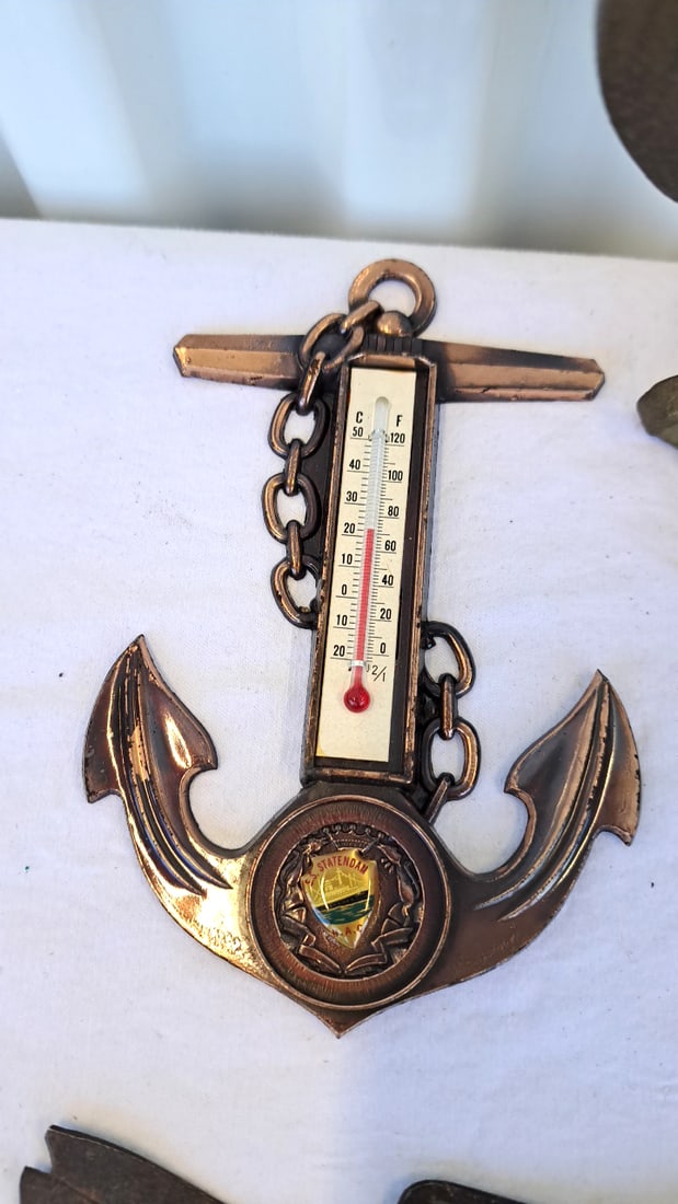 Metal Decor Lot Anchor Thermometer, Brass Ship Box, Fish Hanger Toucan Figure - 5