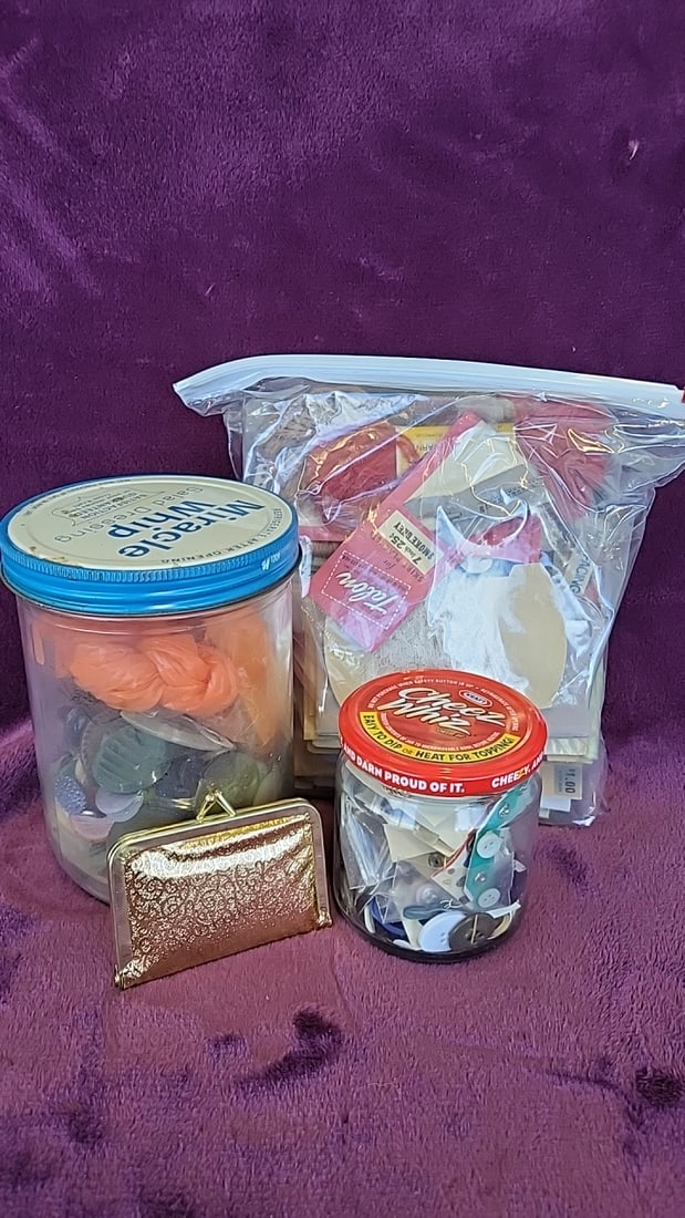 Sewing Notions Lot Buttons In Jars, Coin Purse Sewing Kit: 16x11x6 3lb Low Estimate: 10.00 High Estimate: 35.00