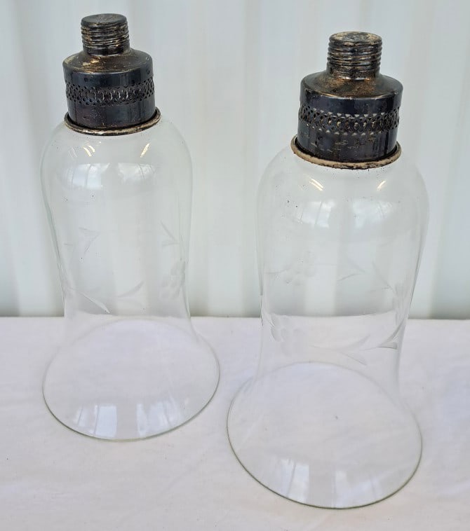 Westmorland Sterling Topped Pair Etched Clear Glass Lamp Shades With Threaded Caps: No issues 19 x 9 x 5in. 2lb Low Estimate: 50.00 High Estimate: 225.00