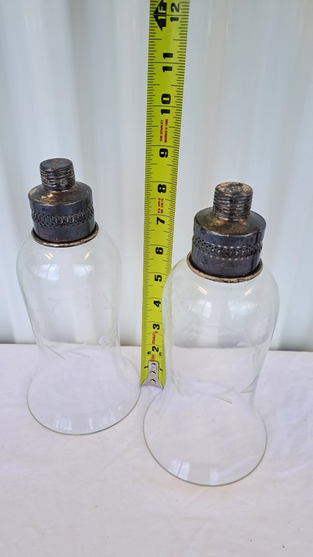 Westmorland Sterling Topped Pair Etched Clear Glass Lamp Shades With Threaded Caps - 2