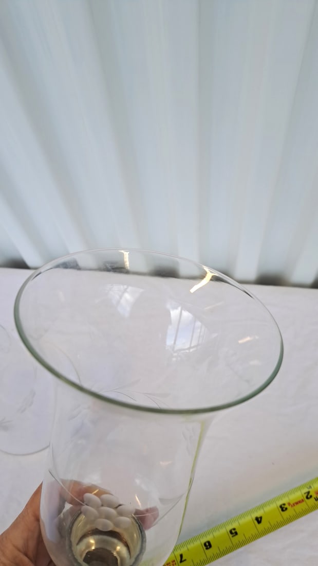 Westmorland Sterling Topped Pair Etched Clear Glass Lamp Shades With Threaded Caps - 7