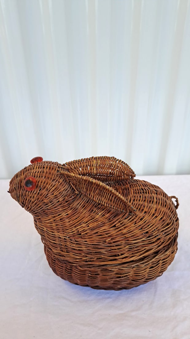 Woven Wicker Rabbit Basket With Lid And Dept 56 Pink Ceramic Bunny - 10