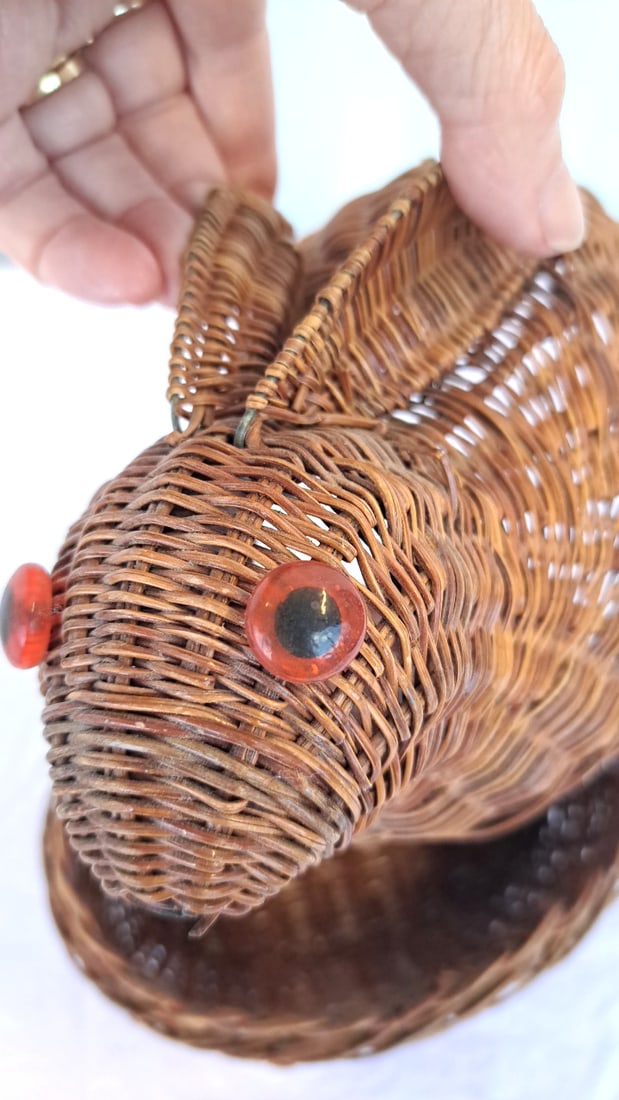 Woven Wicker Rabbit Basket With Lid And Dept 56 Pink Ceramic Bunny - 11