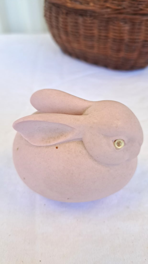 Woven Wicker Rabbit Basket With Lid And Dept 56 Pink Ceramic Bunny - 2