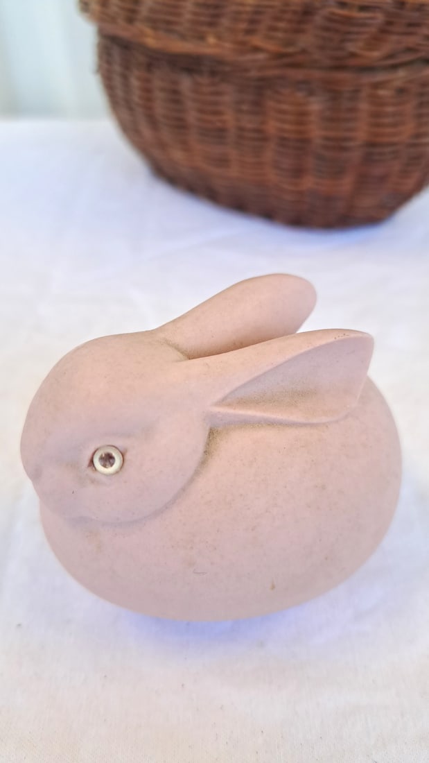 Woven Wicker Rabbit Basket With Lid And Dept 56 Pink Ceramic Bunny - 4