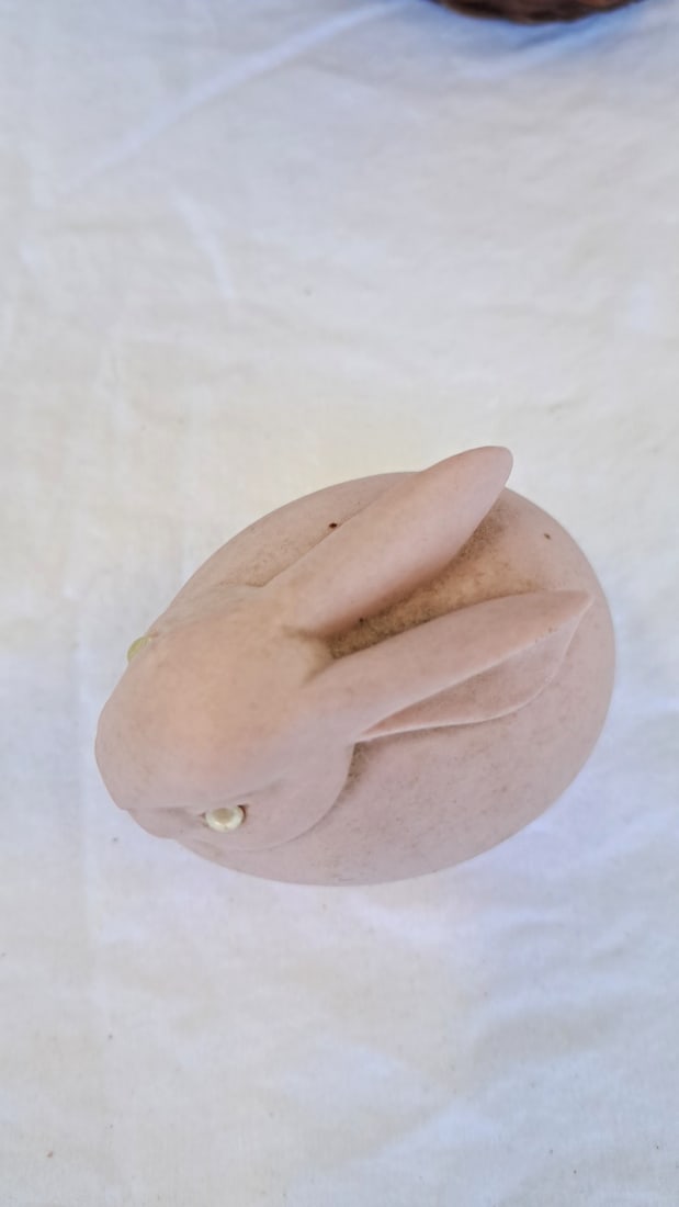 Woven Wicker Rabbit Basket With Lid And Dept 56 Pink Ceramic Bunny - 5