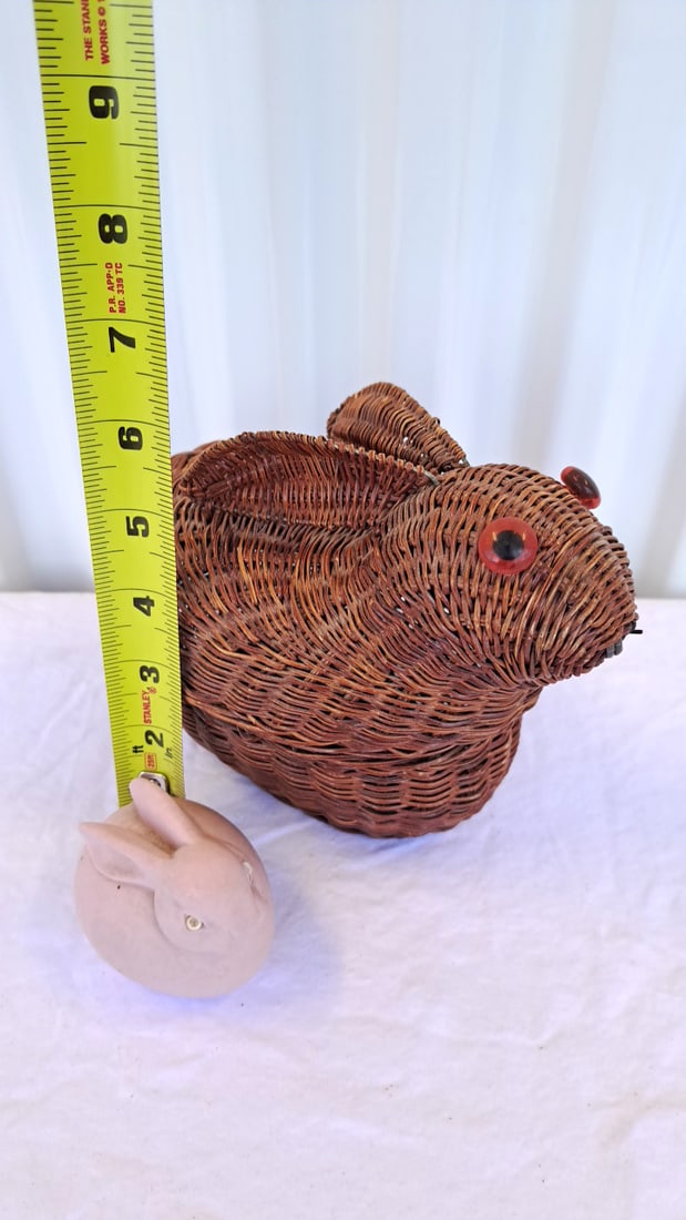 Woven Wicker Rabbit Basket With Lid And Dept 56 Pink Ceramic Bunny - 7