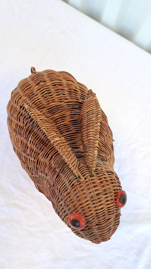 Woven Wicker Rabbit Basket With Lid And Dept 56 Pink Ceramic Bunny - 8