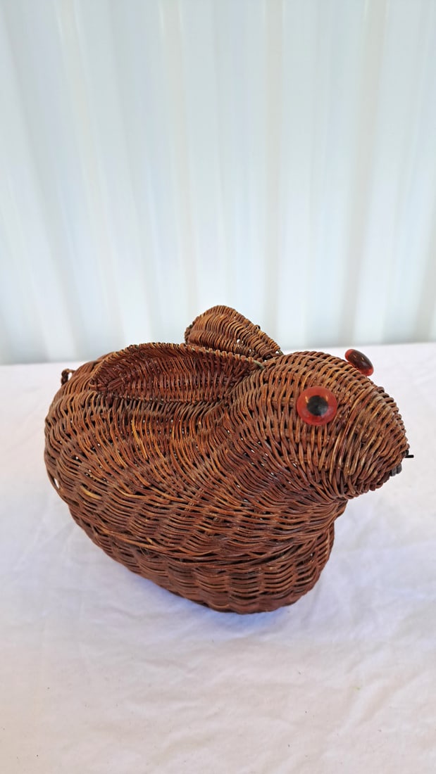 Woven Wicker Rabbit Basket With Lid And Dept 56 Pink Ceramic Bunny - 9