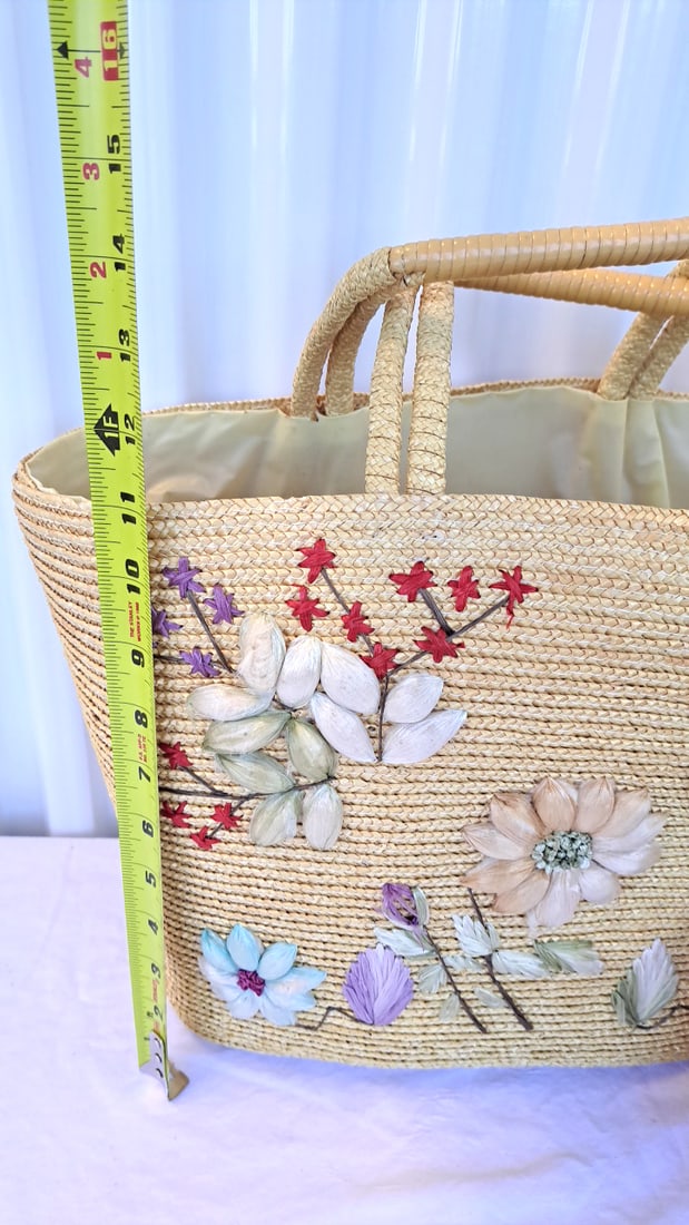 Straw Floral Embroidered Tote Bag With Wicker Basket Purse - 2