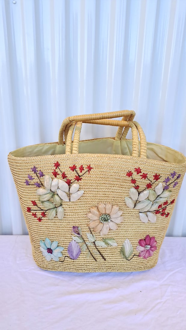 Straw Floral Embroidered Tote Bag With Wicker Basket Purse - 4
