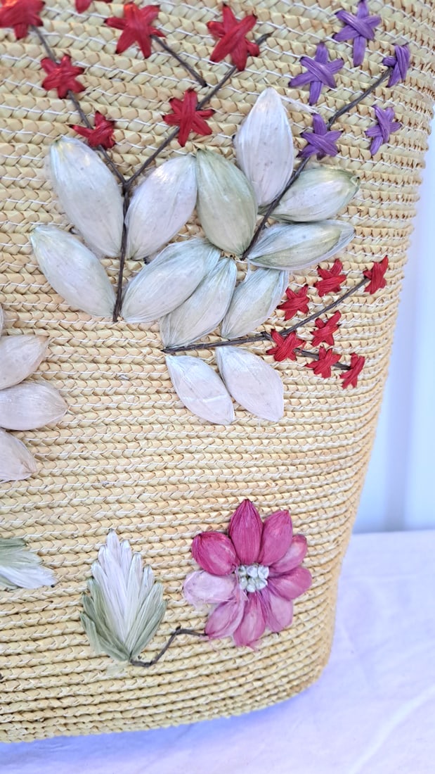 Straw Floral Embroidered Tote Bag With Wicker Basket Purse - 6