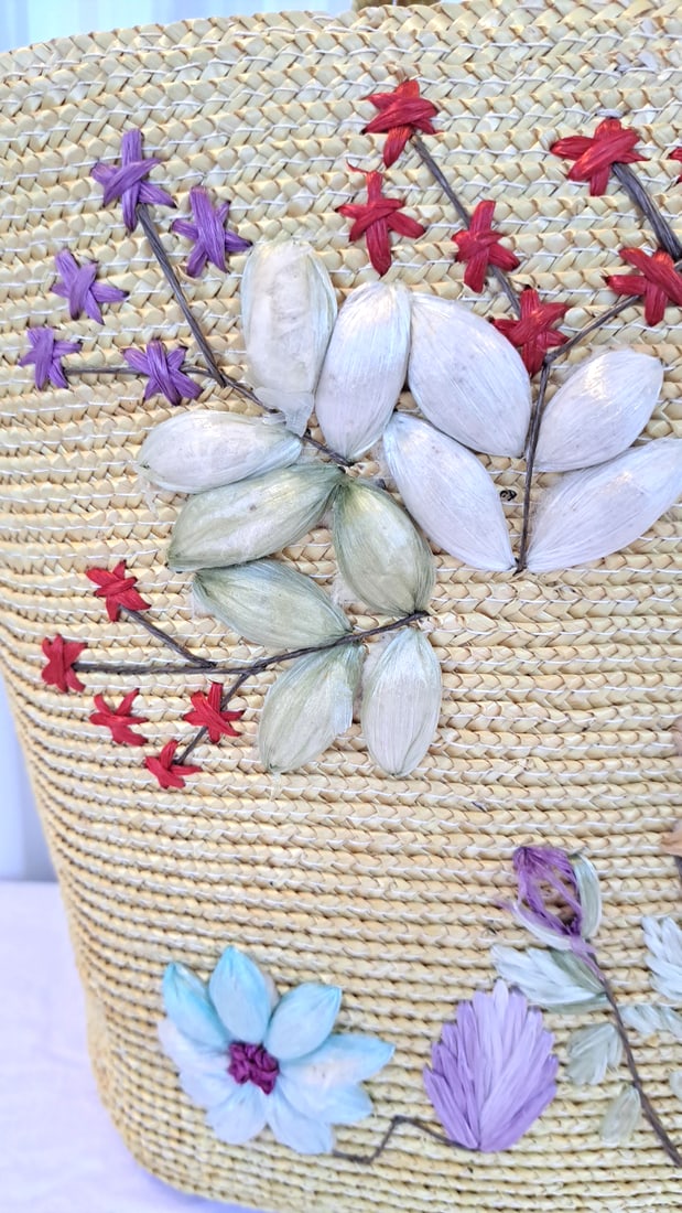 Straw Floral Embroidered Tote Bag With Wicker Basket Purse - 7