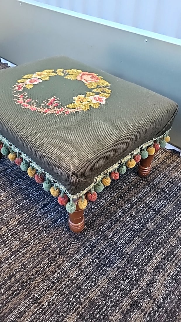 Green Needlepoint Floral Upholstered Footstool Ottoman With Pom-pom Fringe Wooden Legs - 2