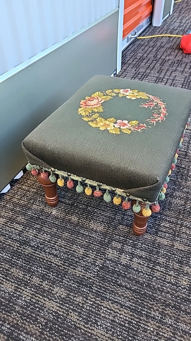 Green Needlepoint Floral Upholstered Footstool Ottoman With Pom-pom Fringe Wooden Legs - 3