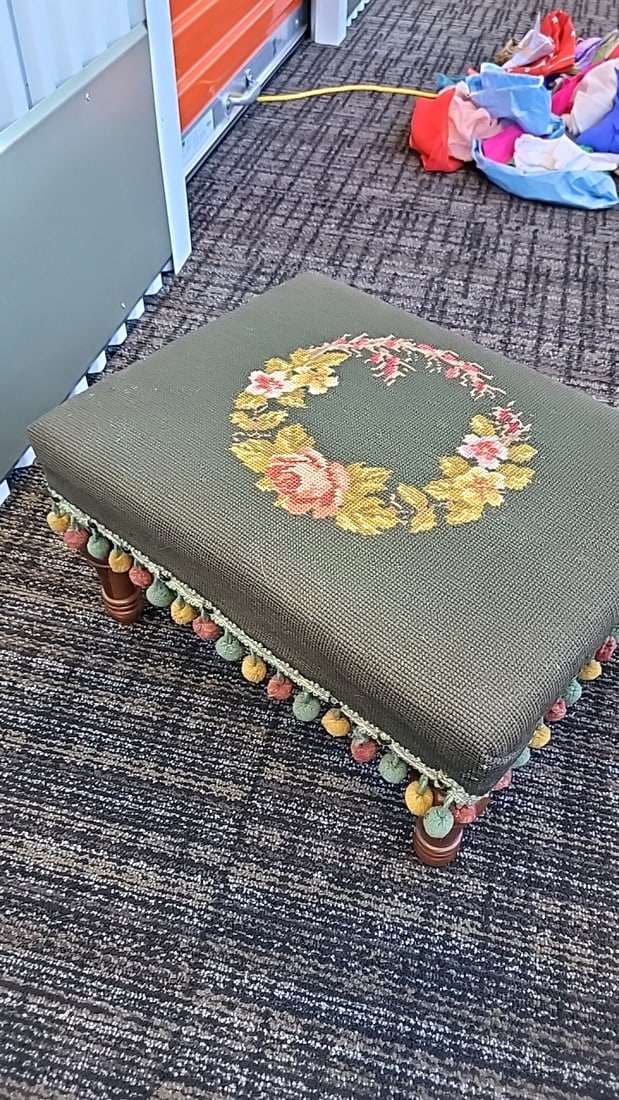Green Needlepoint Floral Upholstered Footstool Ottoman With Pom-pom Fringe Wooden Legs - 4