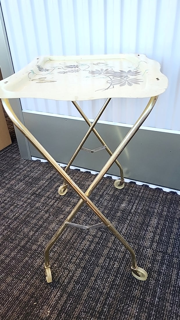 Two-tier Rolling Tv Tray Serving Cart, Cream Floral Butterfly, Gold Metal Frame - 5