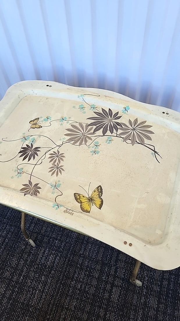 Two-tier Rolling Tv Tray Serving Cart, Cream Floral Butterfly, Gold Metal Frame - 6