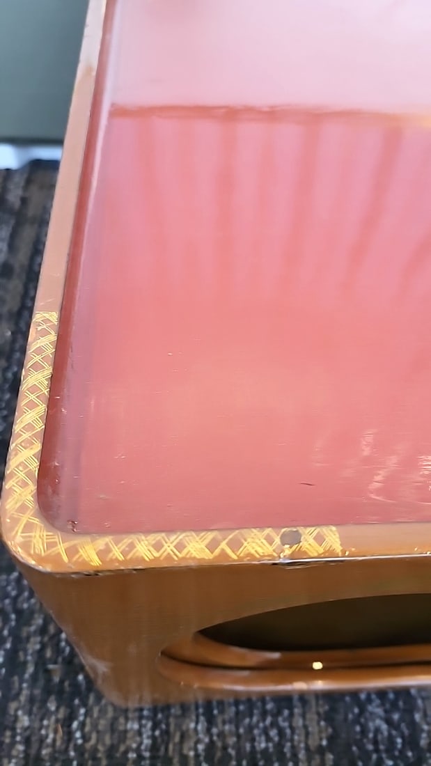 Pair Of Japanese Lacquered Nesting Tables With Red Tray Tops And Gold Fan Motif - 9