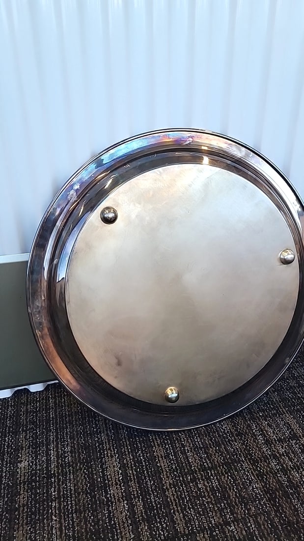 Round Chrome Metal Serving Tray With Raised Rim And Three Ball Feet - 5