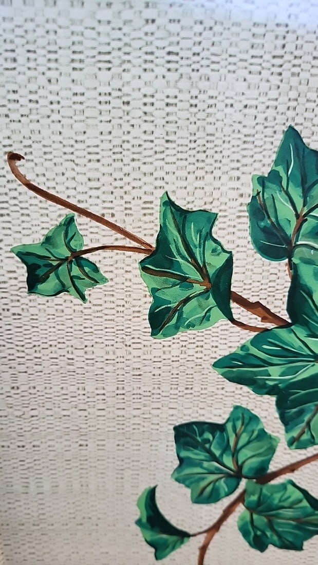 4 Vintage Rectangular Metal Serving Tray Green Rim Ivy Leaf Pattern Beige Background - 5