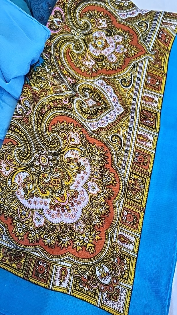 5 Vintage Silk And Wool Blue Scarf Lot, Paisley Bandana Virgin Wool Italy Scarf - 2