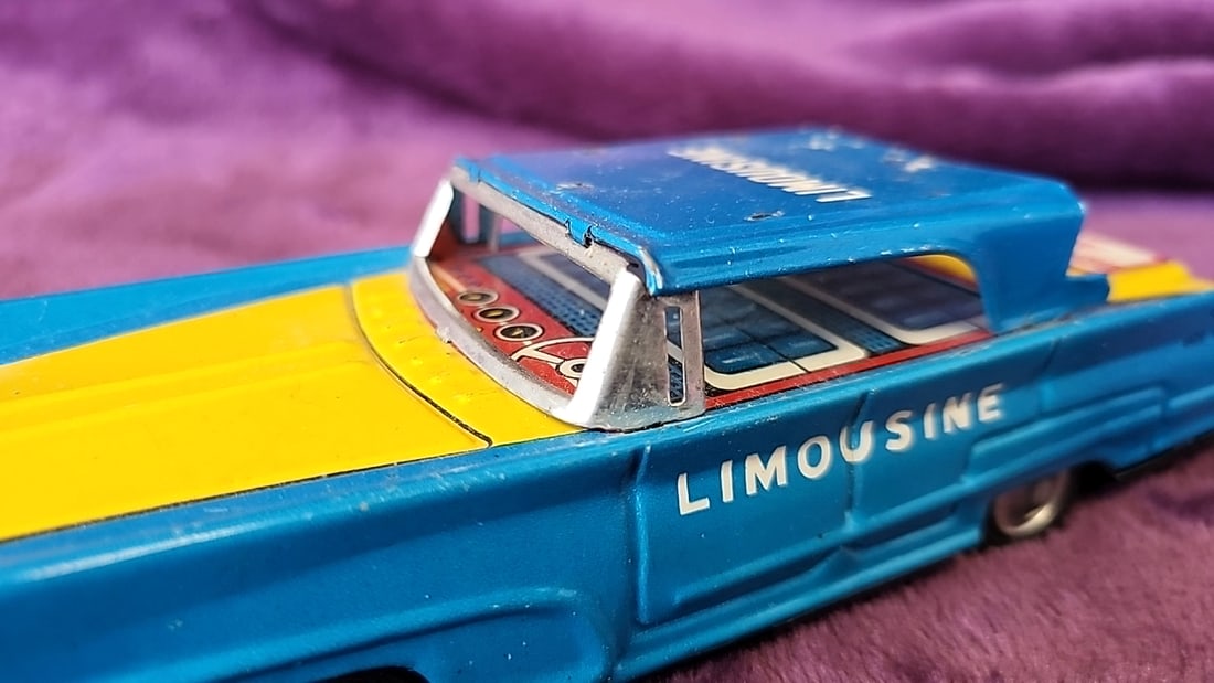Tin Litho Airport Limousine Toy Car Blue Yellow And Black Police Toy Car - 3
